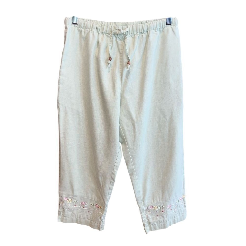 Christopher & Banks Light Green Linen Blend Capri Pants Womens M Embroidered